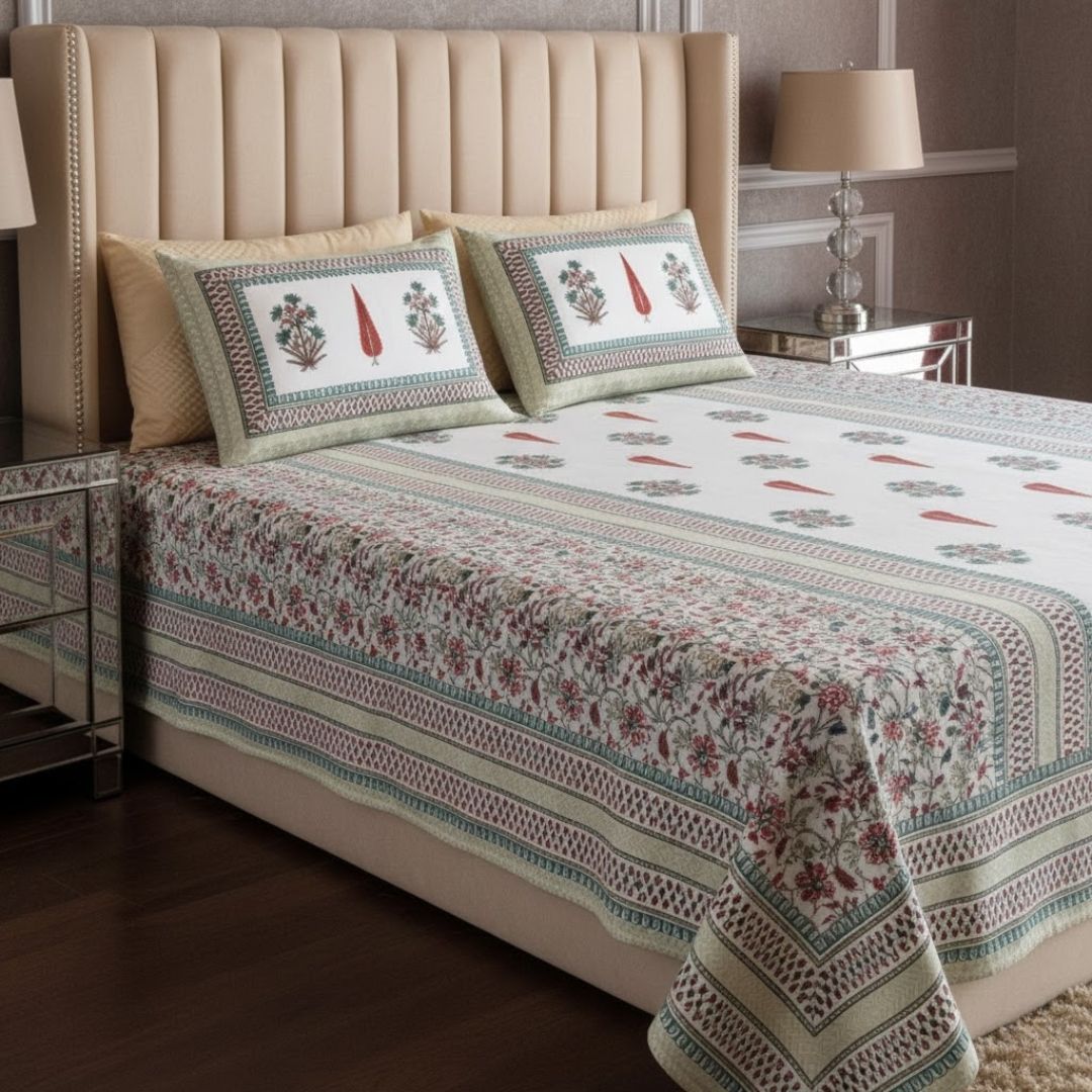 Serene Symmetry Gray Block Print Pure Cotton Double Bedsheet